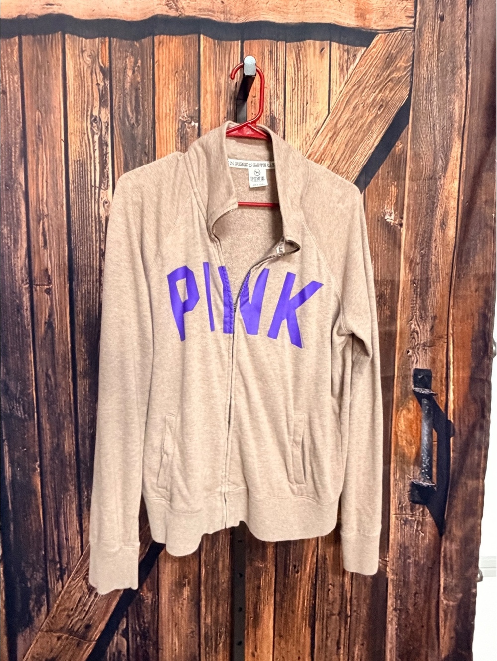 PINK Victoria's Secret Beige Full-Zip with Purple Logo, Size Large
